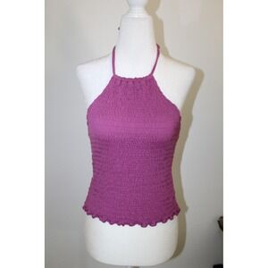 Old Navy Women's XS Magenta Purple Smocked Halter Top Lettuce Edge Hem 1680